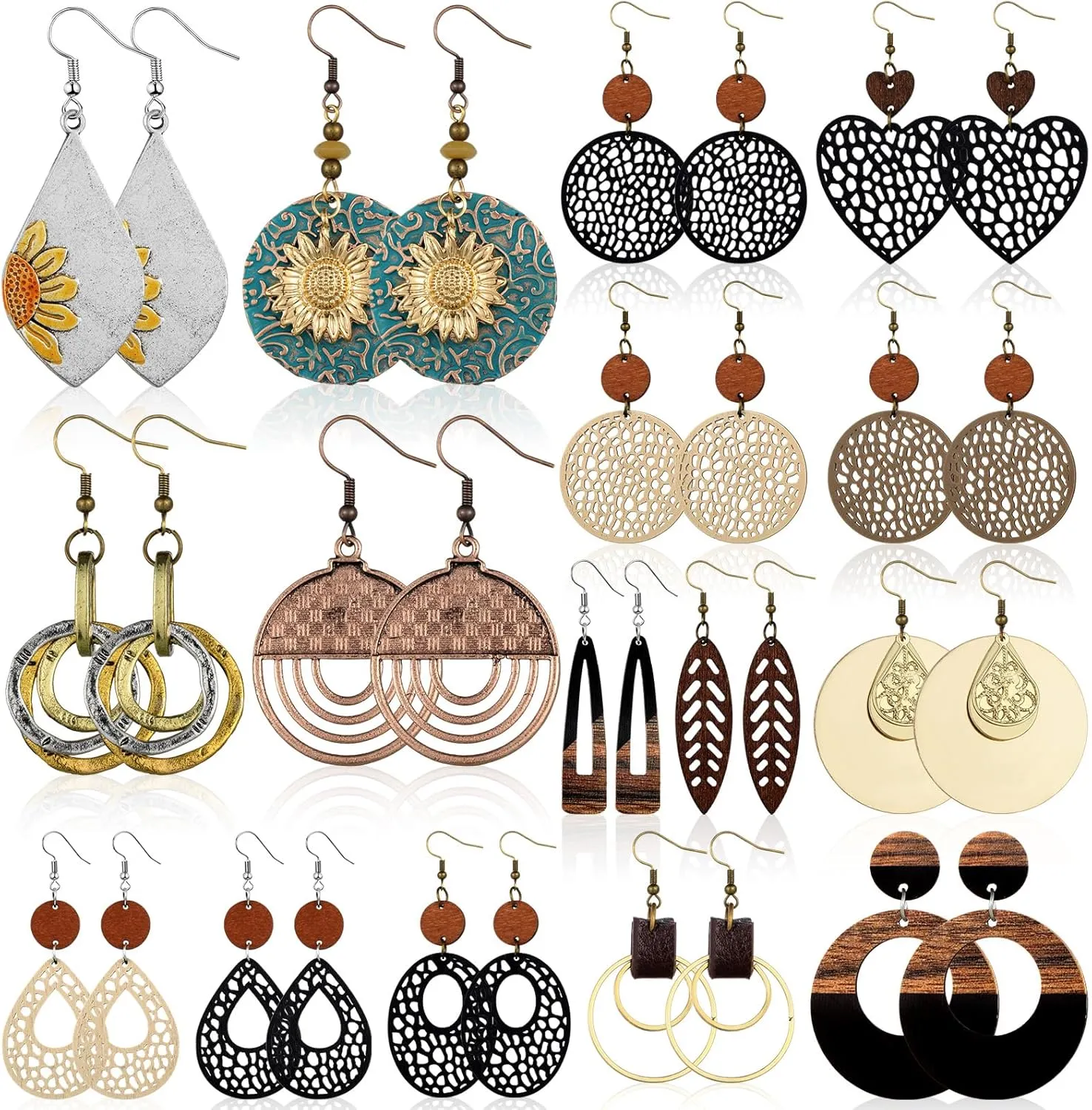 16 Pairs Boho Wooden Earrings for Women Vintage Jewelry Set Retro Geometric Round Earrings Lightweight Hollow out Statement Jewelry Gifts