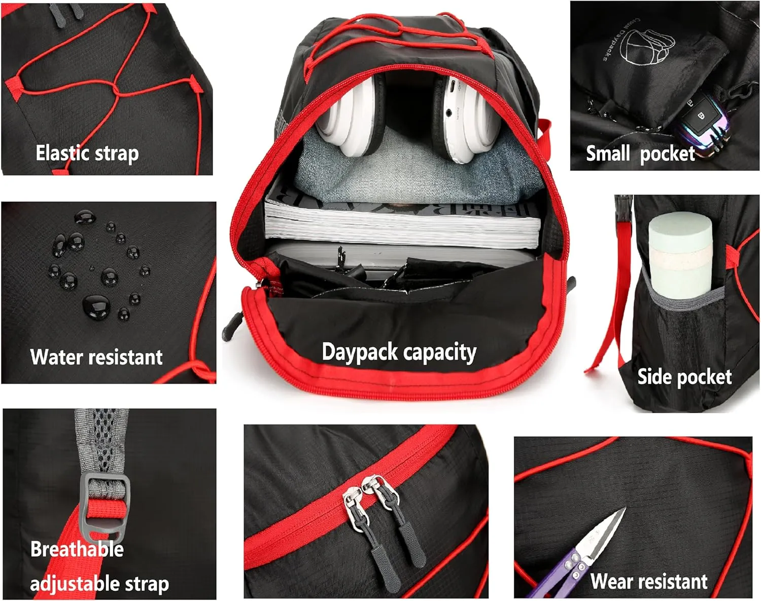 16L Hiking-Daypack Lightweight-Foldable Travel-Backpack Water-Resistant Camping Outdoor Packable Easy Carry-on Bag (Black Red)