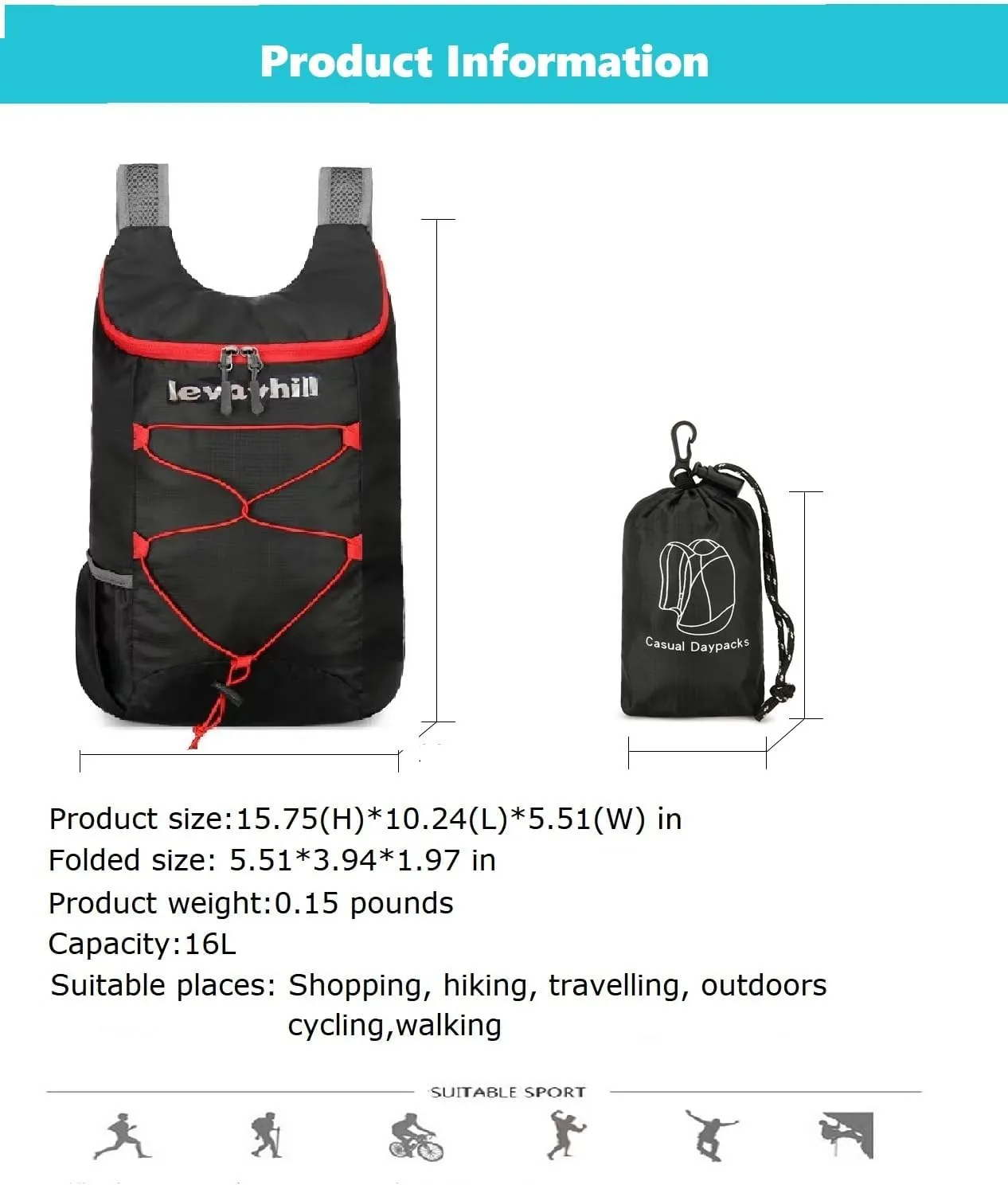 16L Hiking-Daypack Lightweight-Foldable Travel-Backpack Water-Resistant Camping Outdoor Packable Easy Carry-on Bag (Black Red)