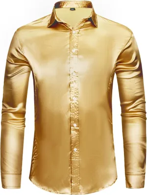 AOTORR Men's Luxury Shiny Silk Like Satin Button Up Dress Shirts Slim Fit Long Sleeve Nightclub Party Disco Prom Shirts