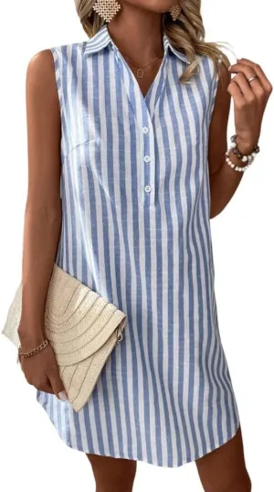 chouyatou Women's Striped Button Up Polo Shirt Mini Dress Business Casual Sleeveless Tunic Shift Short Dress