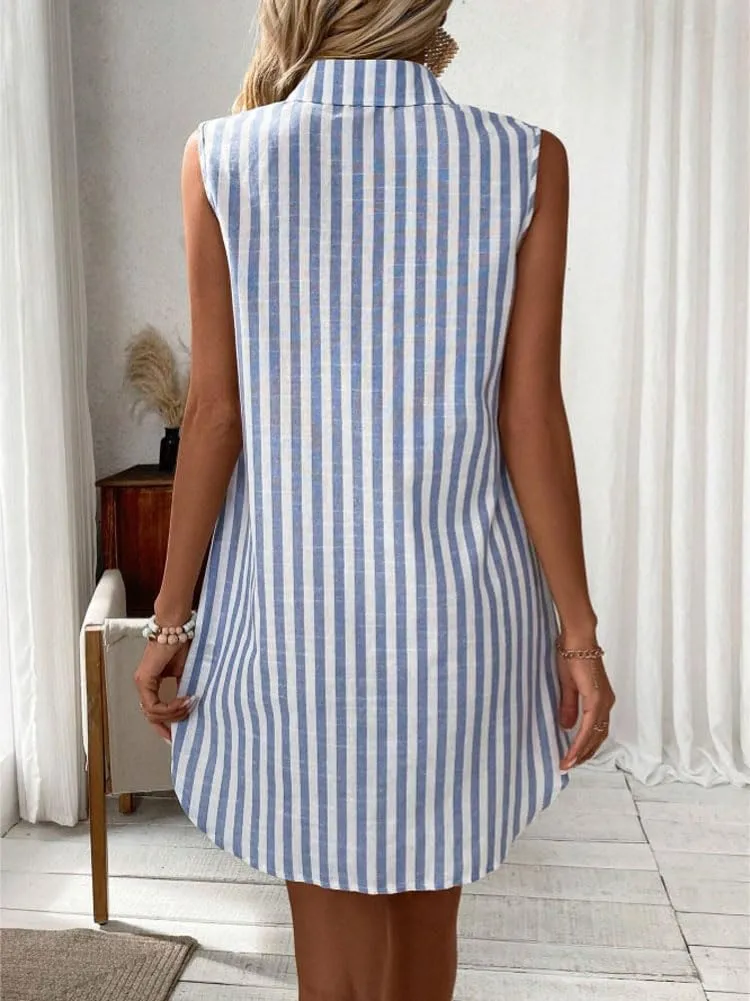chouyatou Women's Striped Button Up Polo Shirt Mini Dress Business Casual Sleeveless Tunic Shift Short Dress