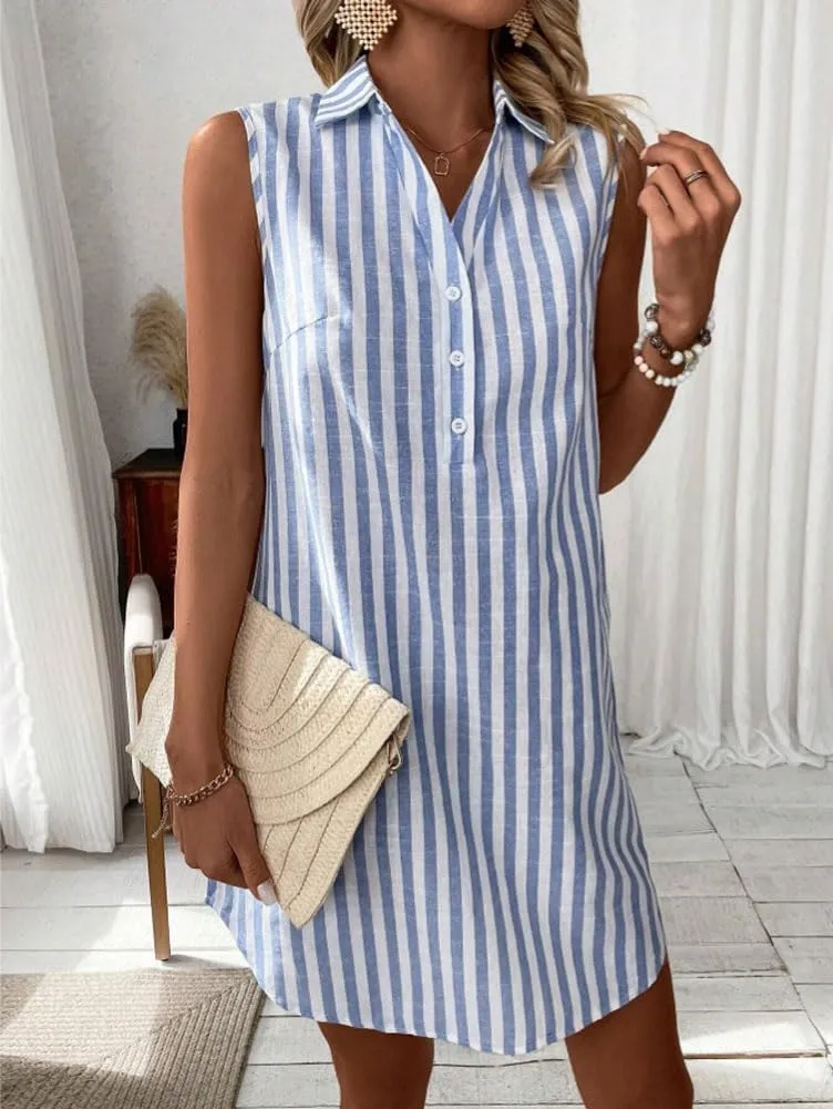 chouyatou Women's Striped Button Up Polo Shirt Mini Dress Business Casual Sleeveless Tunic Shift Short Dress