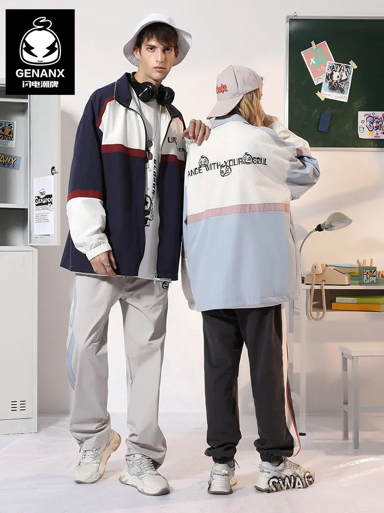 Contrasting color patchwork letter-printed stand-up collar with drawdown cuff stretch sleeve jacket