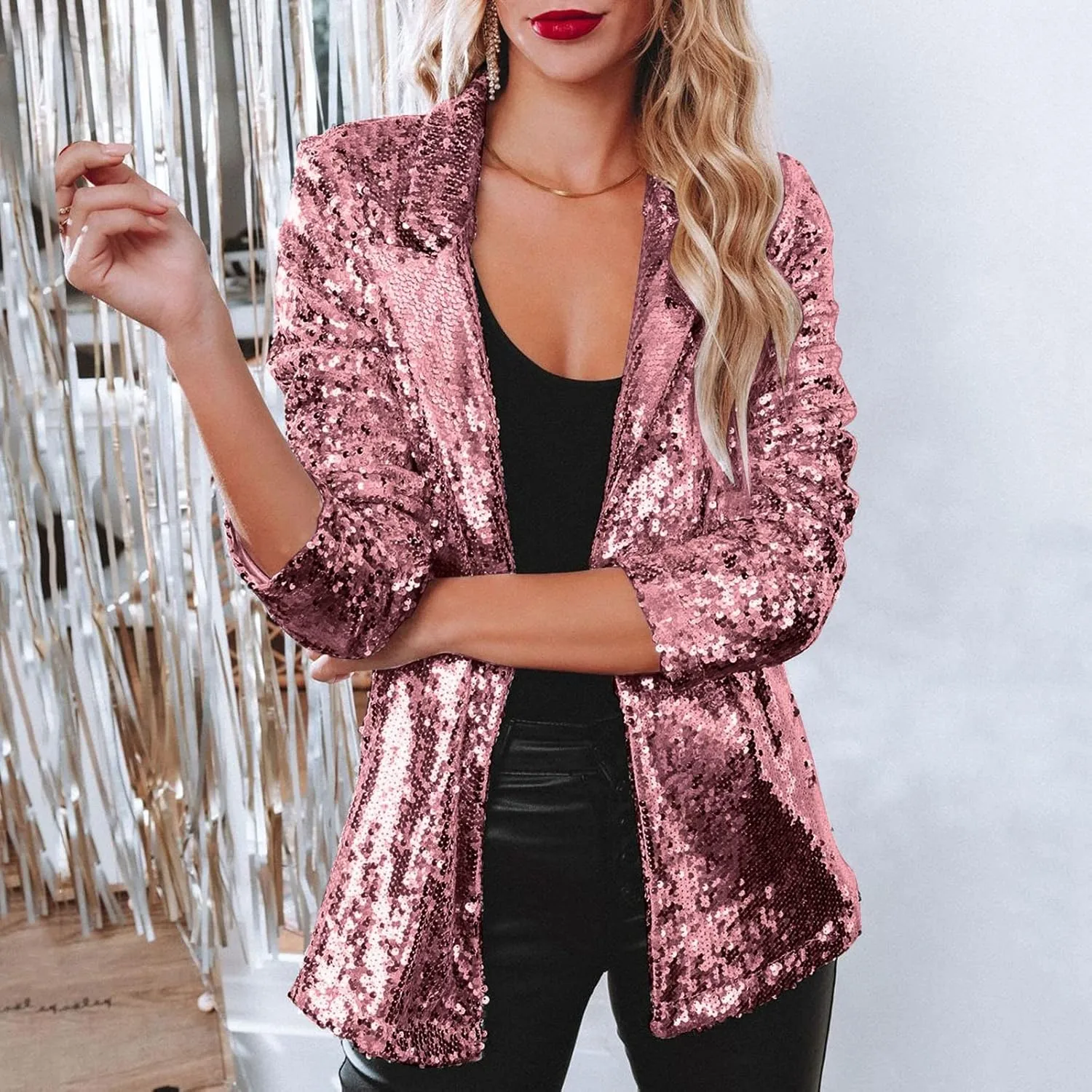 cooki Sequin Blazer Jackets for Women Evening Bling Sequin Jacket Open Front Work Blazer Long Sleeve Lapel Cardigan Coat