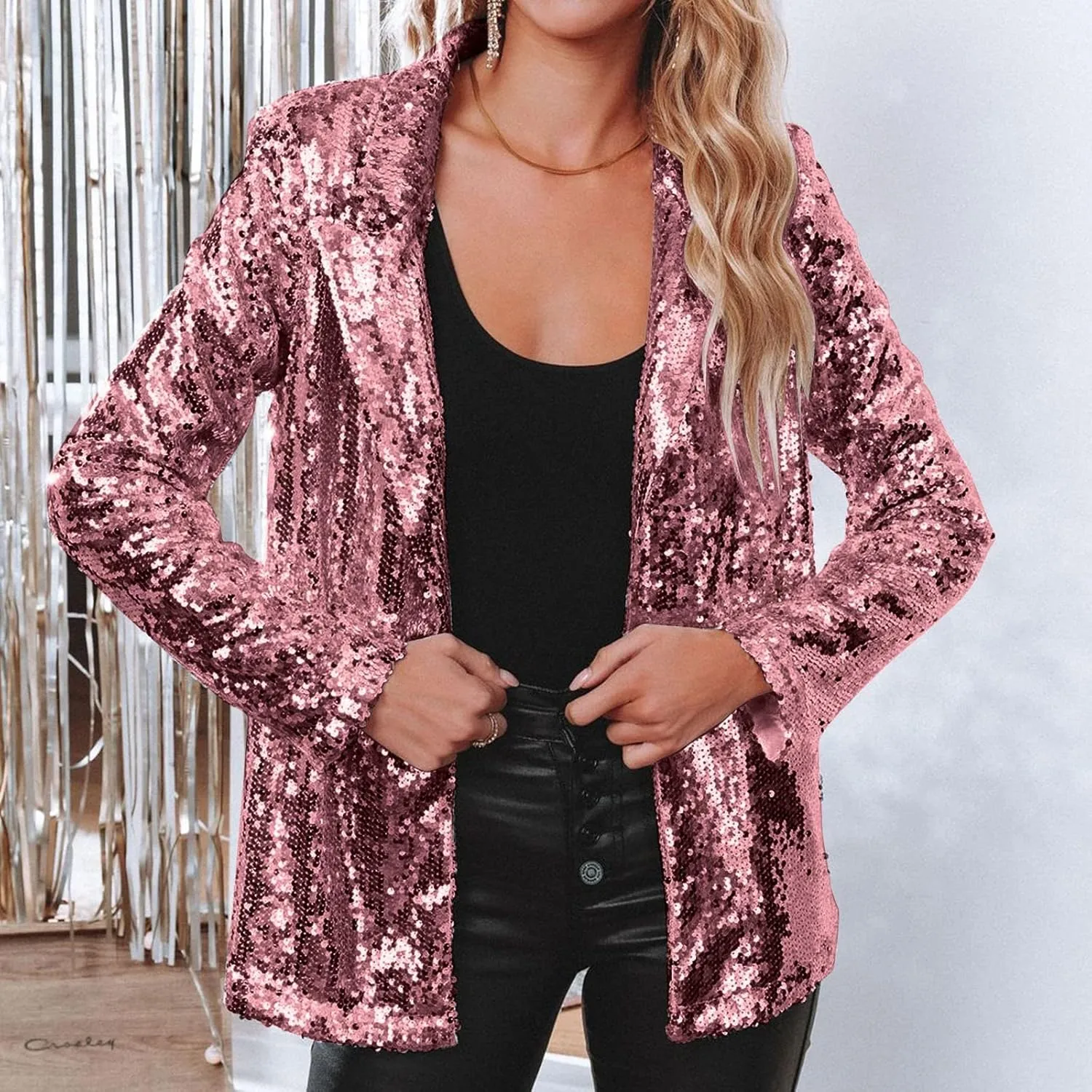 cooki Sequin Blazer Jackets for Women Evening Bling Sequin Jacket Open Front Work Blazer Long Sleeve Lapel Cardigan Coat