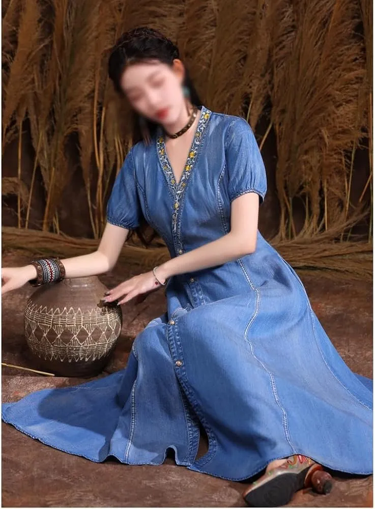 Fashionable V Neck Cardigan Denim Dress for Women Retro Embroidered Casual Long Outfit