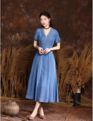 Fashionable V Neck Cardigan Denim Dress for Women Retro Embroidered Casual Long Outfit