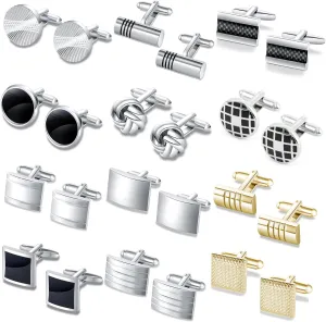 FIRAZIO 12 Pairs Cufflinks for Men Classic Tone Cuff Links Silver Black Striped Disc Square Rectangle Cuff Links Shirt Suit Mens Cufflinks For Wedding Groom Business Elegant Gift