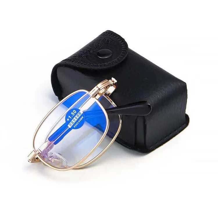 Folding Anti Blue-ray Presbyopic Reading Glasses with Case & Cleaning Cloth,  2.00D(Gold)