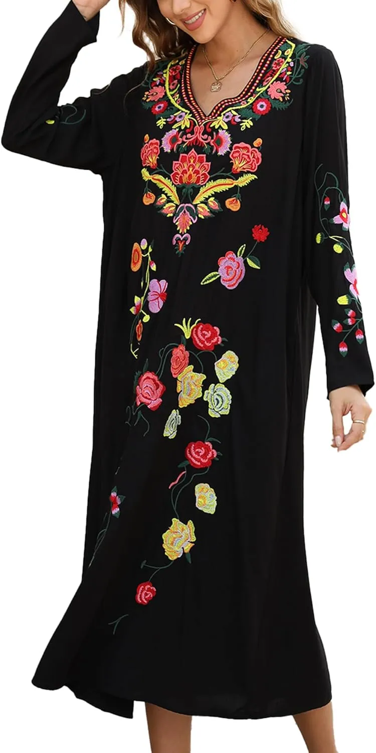 Grosy Boho Embroidered Maxi Dress Long Sleeve Traditional Floral Mexican Peasant Dresses for Women Bohemian Style