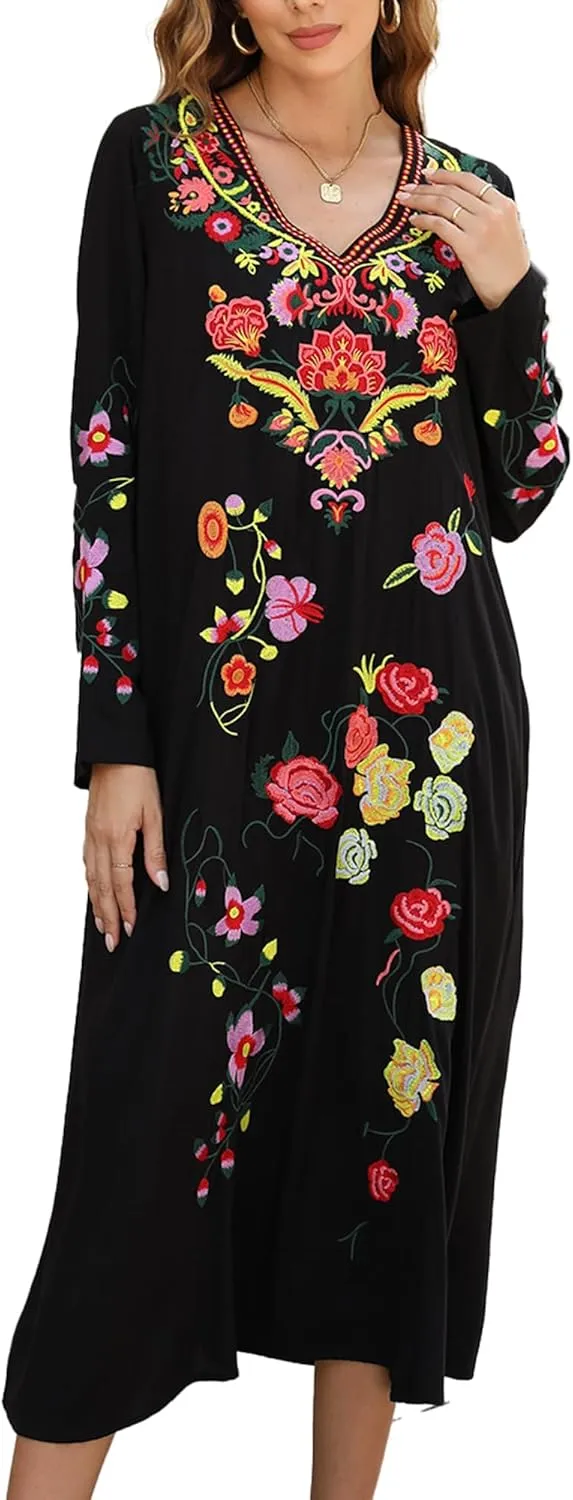 Grosy Boho Embroidered Maxi Dress Long Sleeve Traditional Floral Mexican Peasant Dresses for Women Bohemian Style
