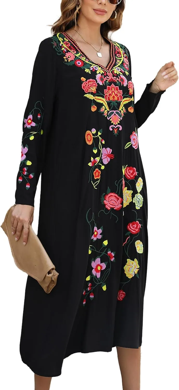 Grosy Boho Embroidered Maxi Dress Long Sleeve Traditional Floral Mexican Peasant Dresses for Women Bohemian Style