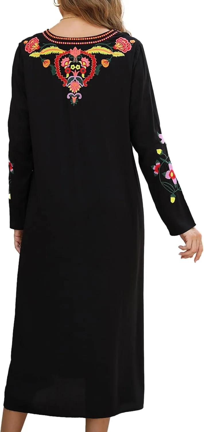 Grosy Boho Embroidered Maxi Dress Long Sleeve Traditional Floral Mexican Peasant Dresses for Women Bohemian Style