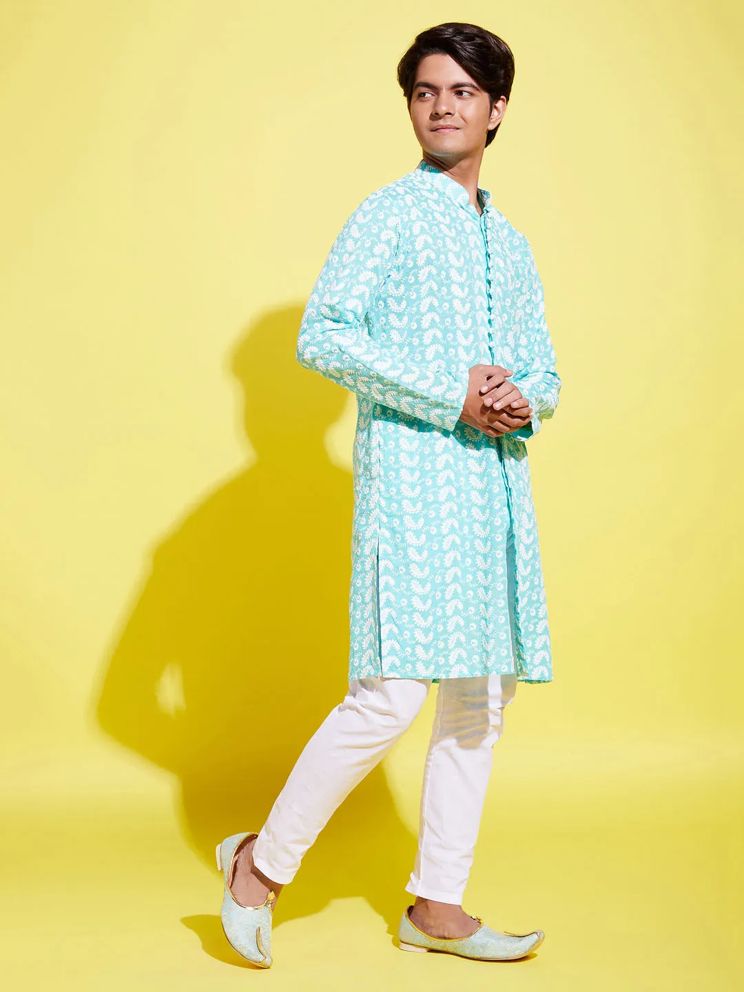 Jashvi Boy's Green Chikankari Kurta With White Pyjama Set