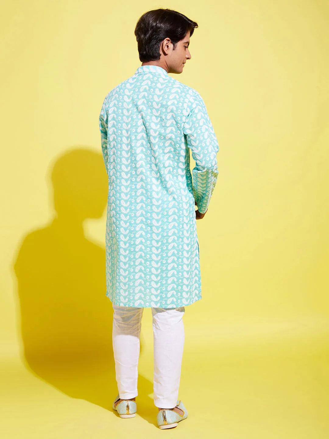 Jashvi Boy's Green Chikankari Kurta With White Pyjama Set