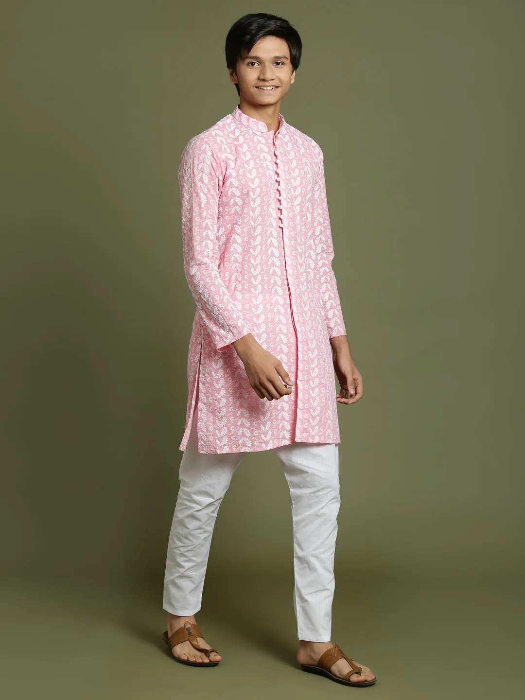 Jashvi Boys' Pink Chaikankari Kurta With White Pyjama Set