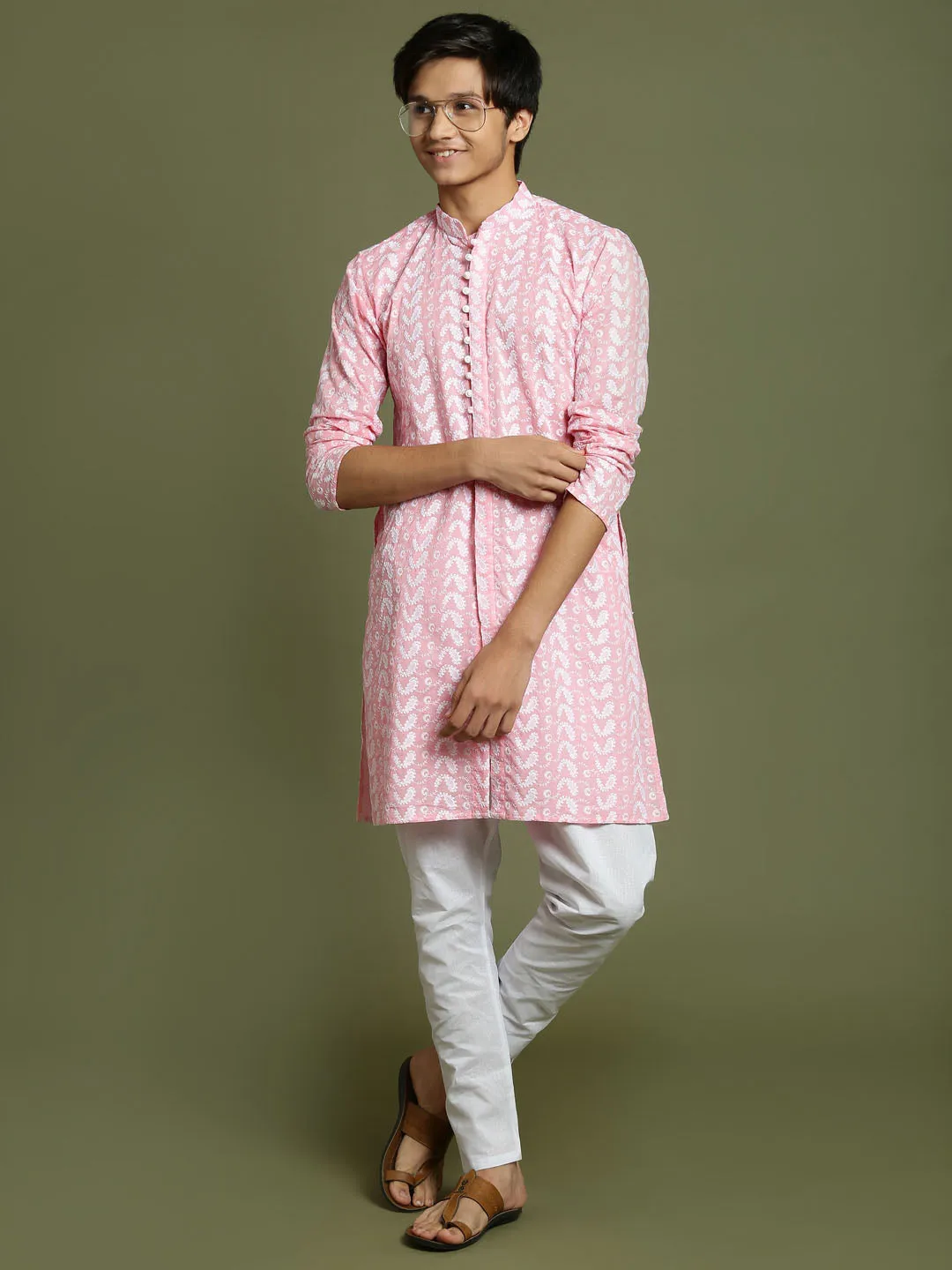 Jashvi Boys' Pink Chaikankari Kurta With White Pyjama Set