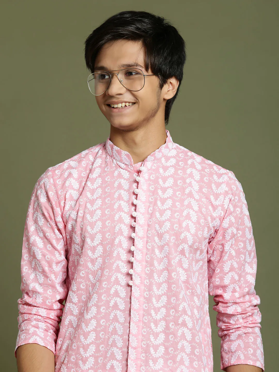 Jashvi Boys' Pink Chaikankari Kurta With White Pyjama Set