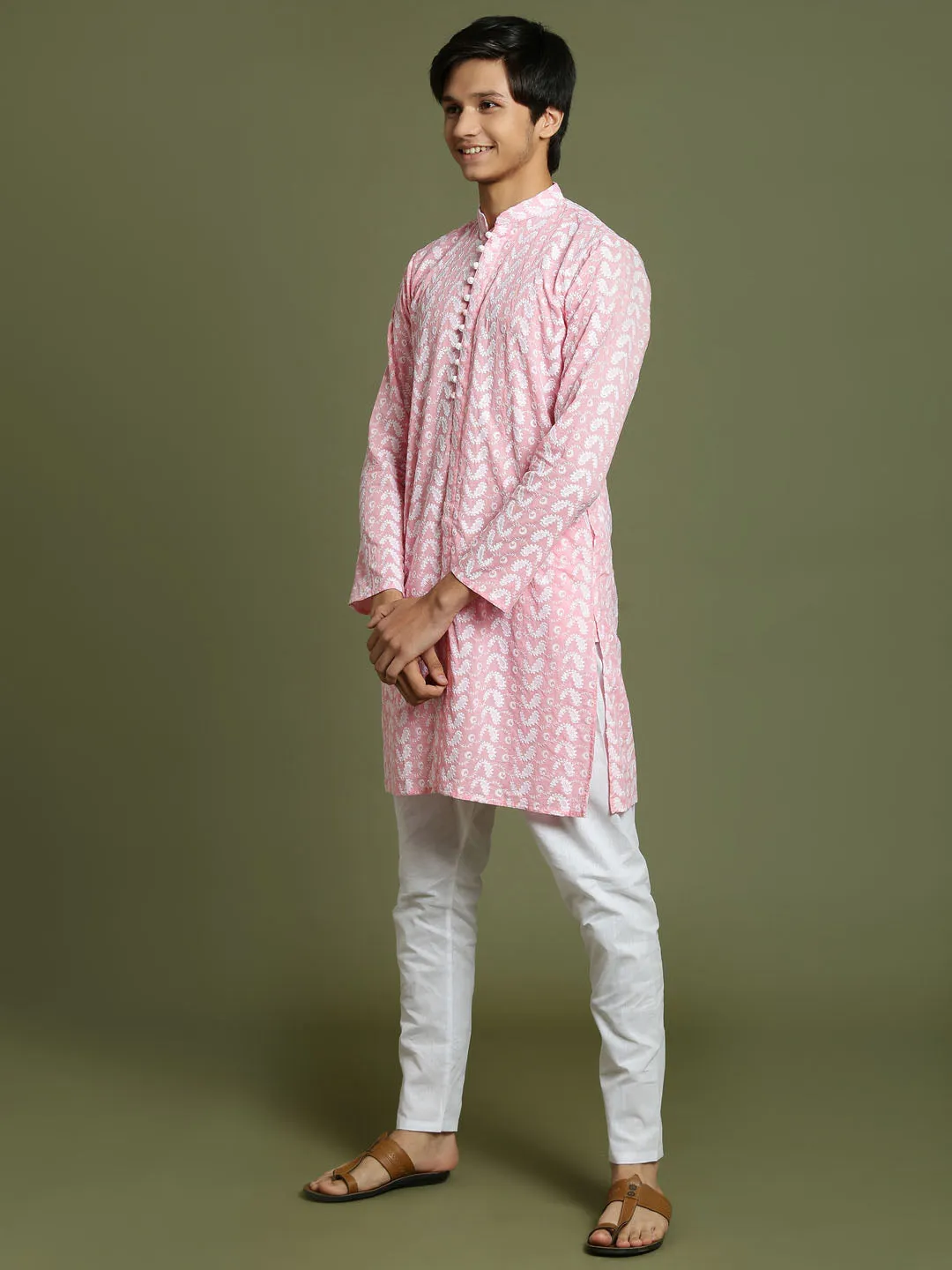 Jashvi Boys' Pink Chaikankari Kurta With White Pyjama Set