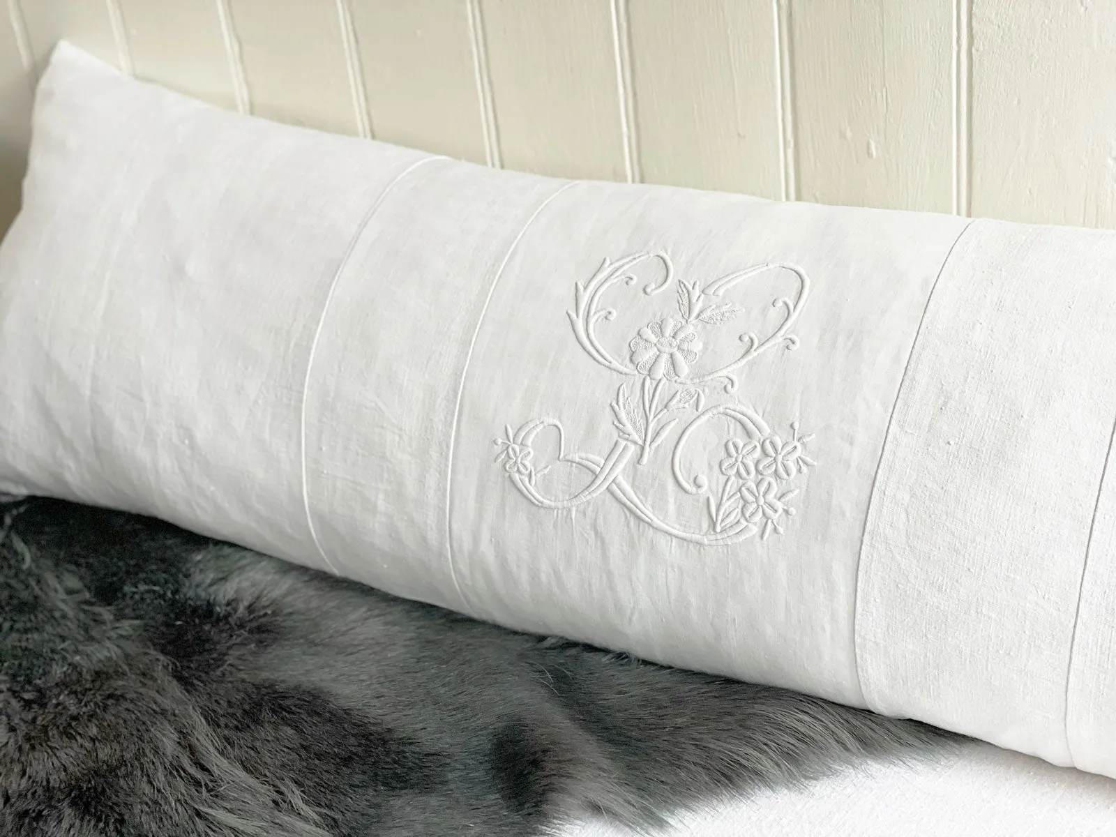 'L' Large Bolster Cushion - Antique French L Monogram on Linen LII-0823