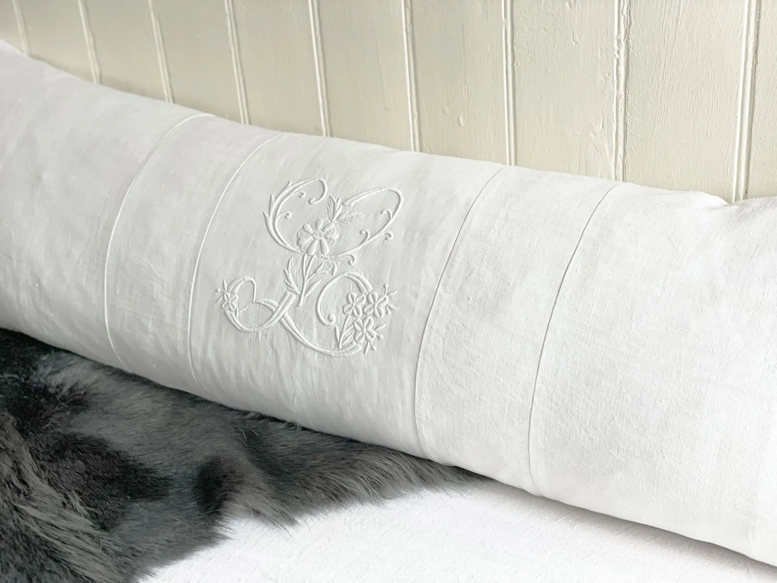 'L' Large Bolster Cushion - Antique French L Monogram on Linen LII-0823