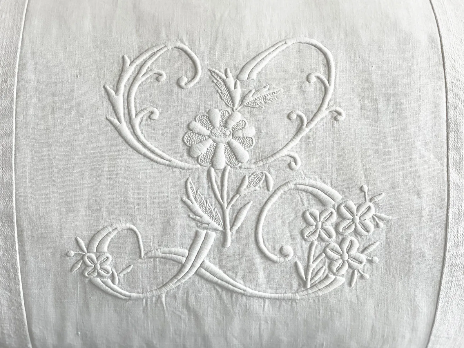 'L' Large Bolster Cushion - Antique French L Monogram on Linen LII-0823