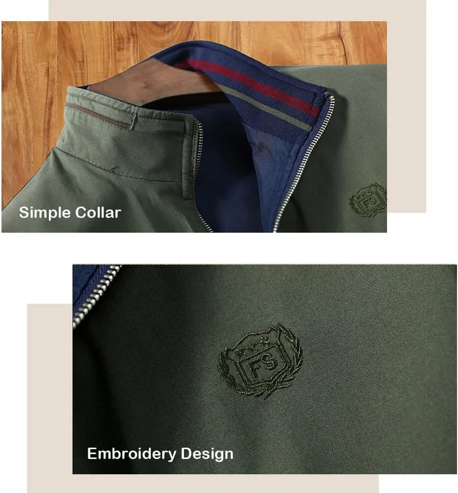 Mens Bomber Jackets Zip Up Lightweight Slim Fit Varsity Stand Collar Cotton Reversible Jacket Windbreaker