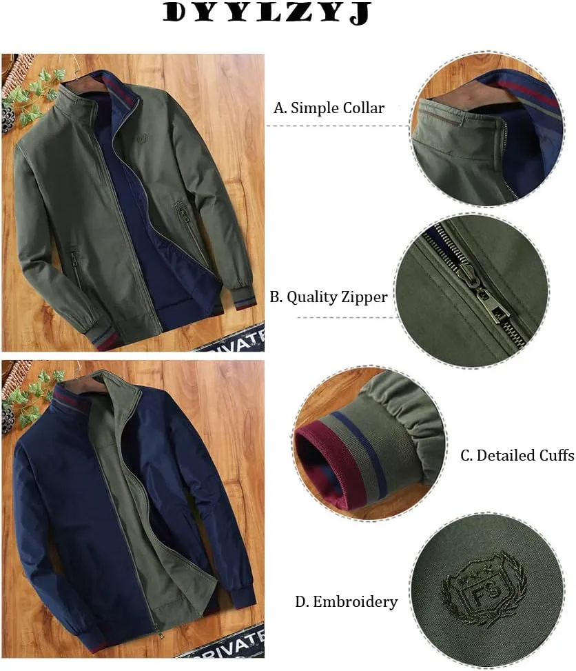 Mens Bomber Jackets Zip Up Lightweight Slim Fit Varsity Stand Collar Cotton Reversible Jacket Windbreaker