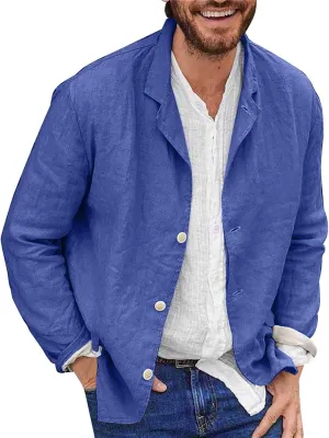 Men's Cotton Linen Blazer Jackets Loose Lightweight Button Down Casual Suit Coat Summer Outdoor Lapel Sports Outwear