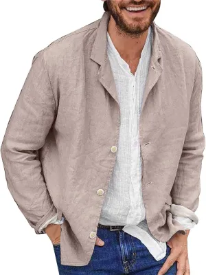 Men's Cotton Linen Blazer Jackets Loose Lightweight Button Down Casual Suit Coat Summer Outdoor Lapel Sports Outwear
