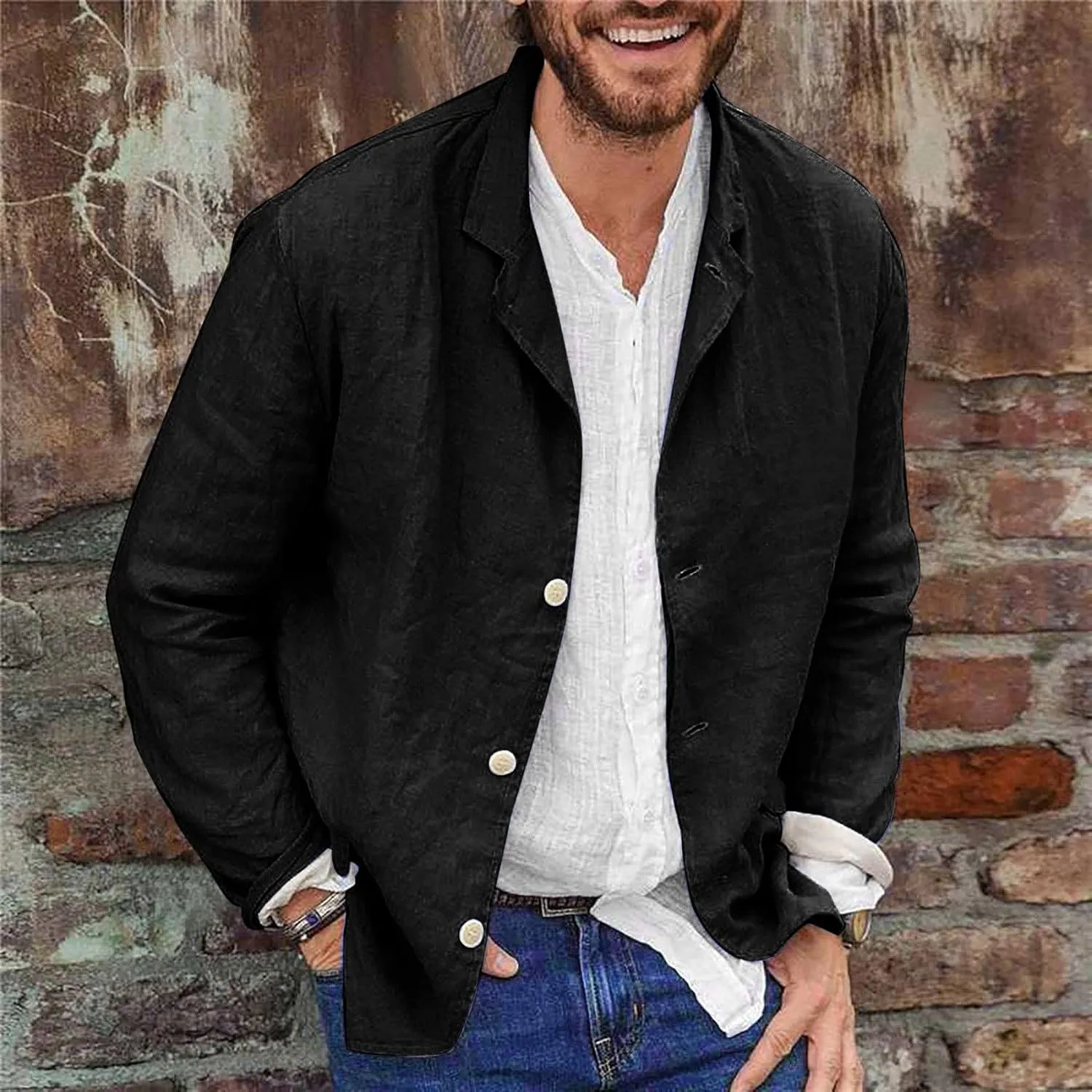 Men's Cotton Linen Blazer Jackets Loose Lightweight Button Down Casual Suit Coat Summer Outdoor Lapel Sports Outwear