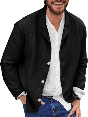 Men's Cotton Linen Blazer Jackets Loose Lightweight Button Down Casual Suit Coat Summer Outdoor Lapel Sports Outwear