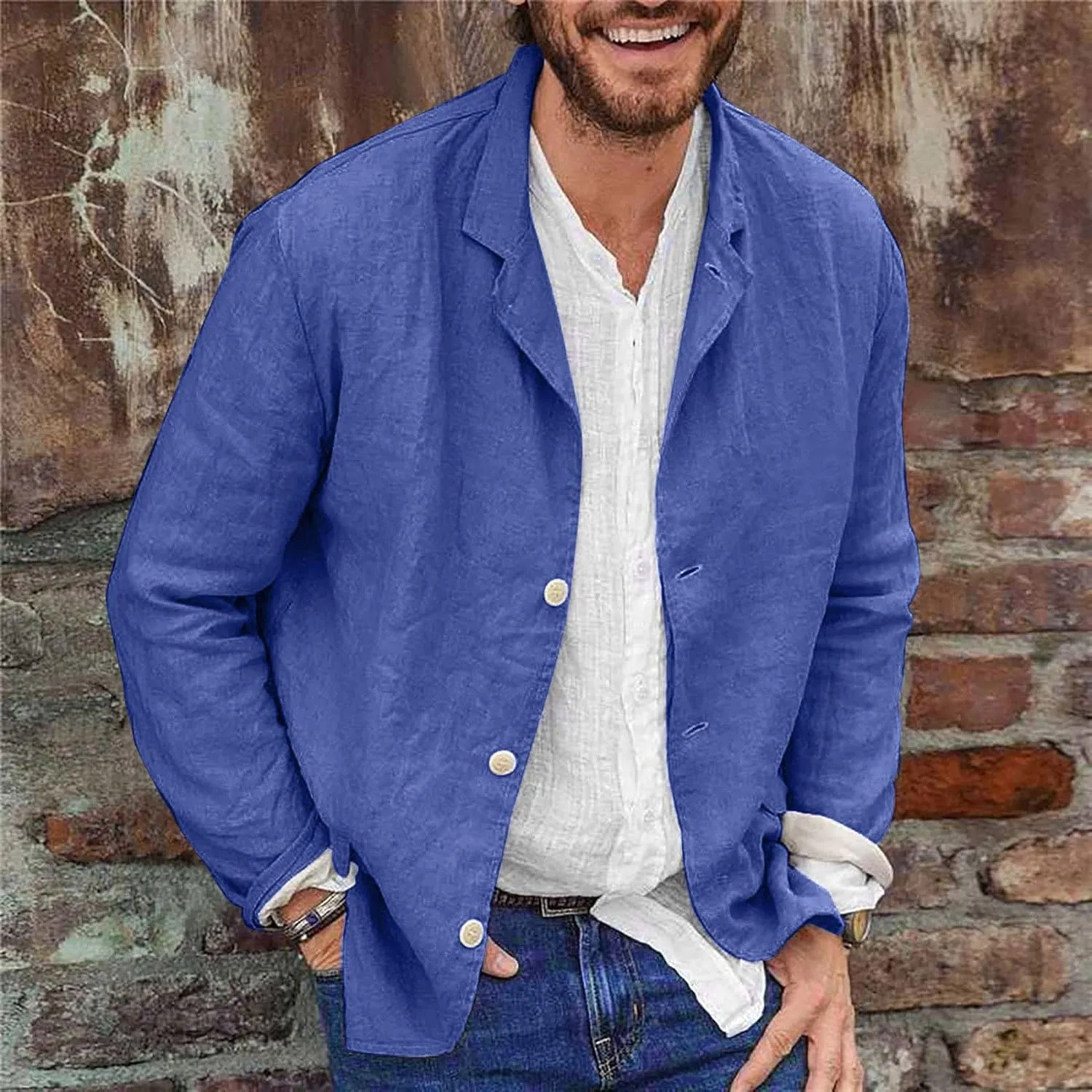 Men's Cotton Linen Blazer Jackets Loose Lightweight Button Down Casual Suit Coat Summer Outdoor Lapel Sports Outwear