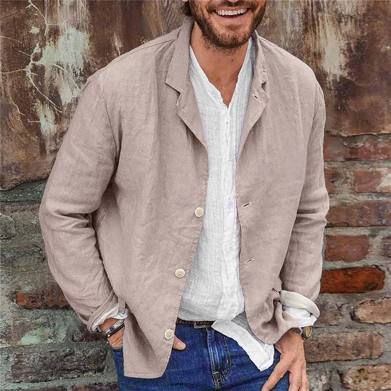 Men's Cotton Linen Blazer Jackets Loose Lightweight Button Down Casual Suit Coat Summer Outdoor Lapel Sports Outwear