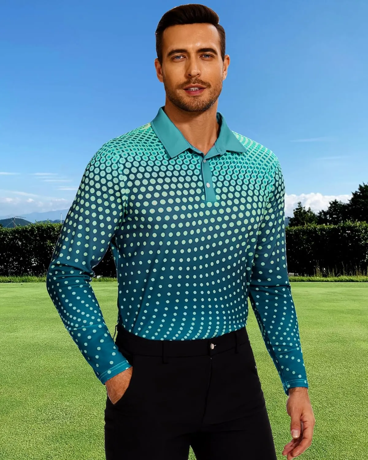 Men's Golf Shirts Polo Short Sleeve Gradient Quick Dry Fit Moisture Wicking Athletic Printed Shirts Mens Polo Shirt