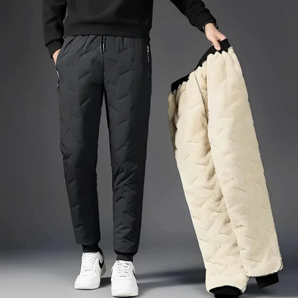 New Men's Fleece Lined Thick Warm Outdoor Casual Pants, Loose Fit Sports Trousers Black