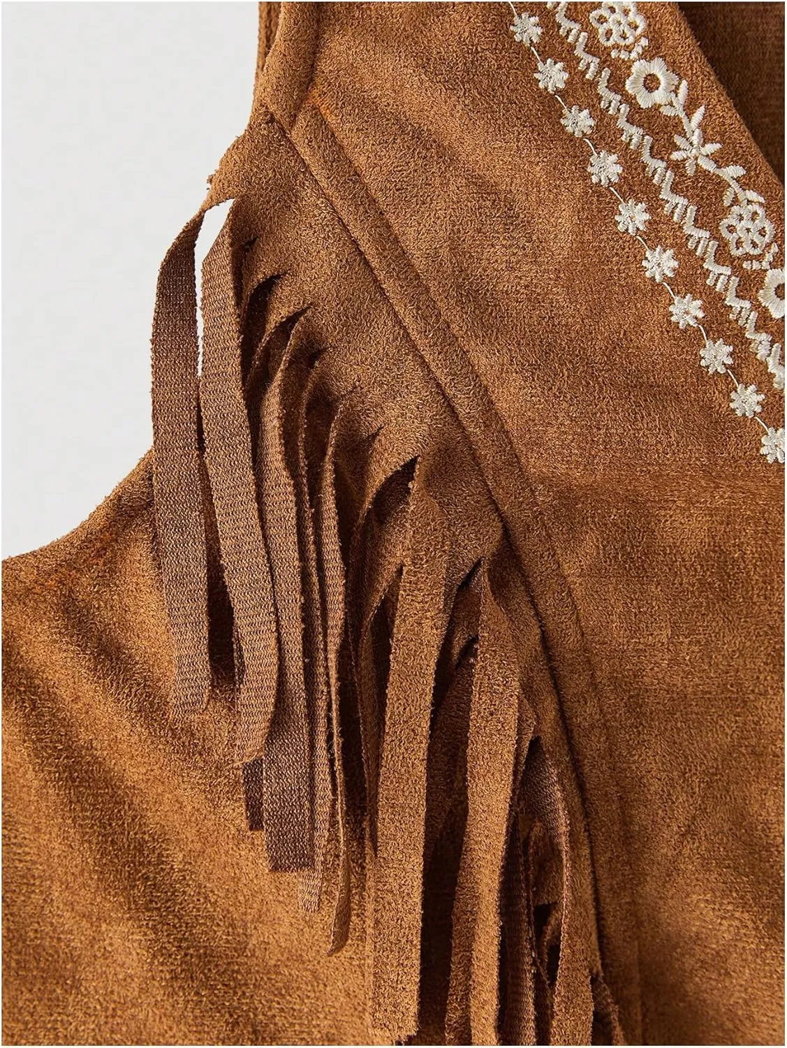 OYOANGLE Women's Button Front Fringe Cowgirl Vest Embroidered V Neck Sleeveless Crop Jackets
