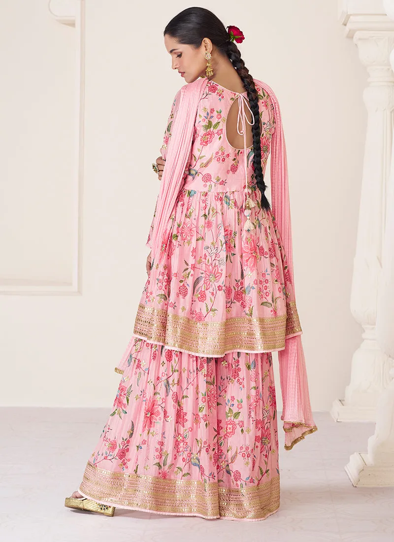 Pink Organza Silk Embroidery Floral Gharara Suit