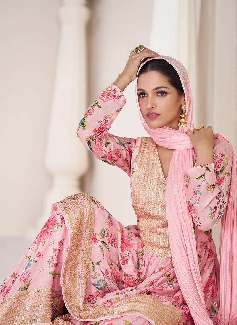 Pink Organza Silk Embroidery Floral Gharara Suit