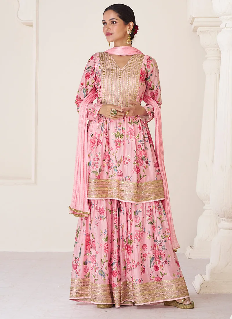 Pink Organza Silk Embroidery Floral Gharara Suit