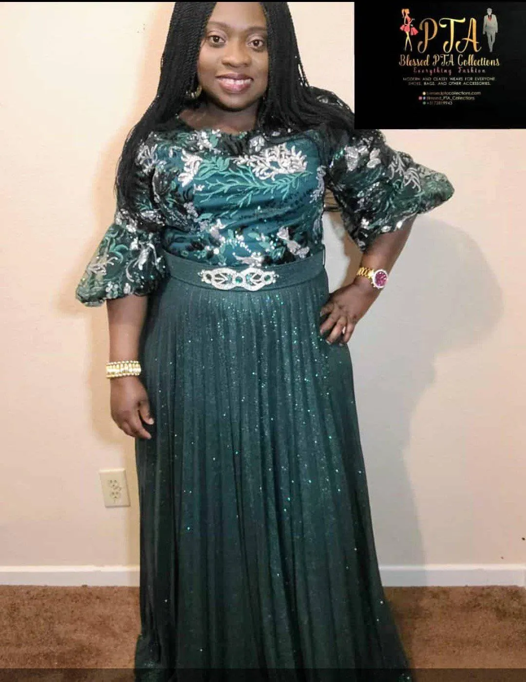 PLUS SIZE LACE SEQUINS BELTED GREEN DRESS