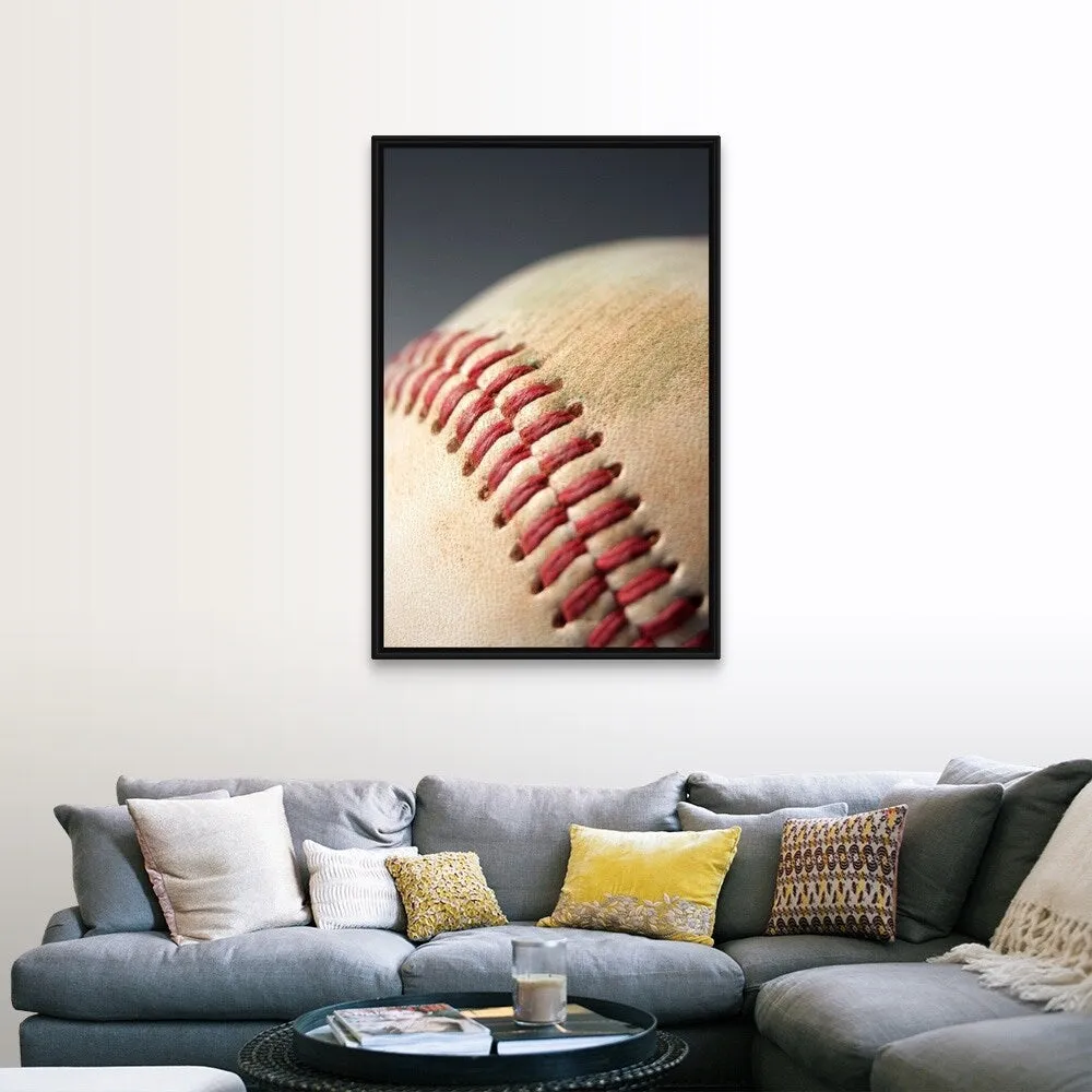 "Baseball with impact mark." Black Float Frame Canvas Art