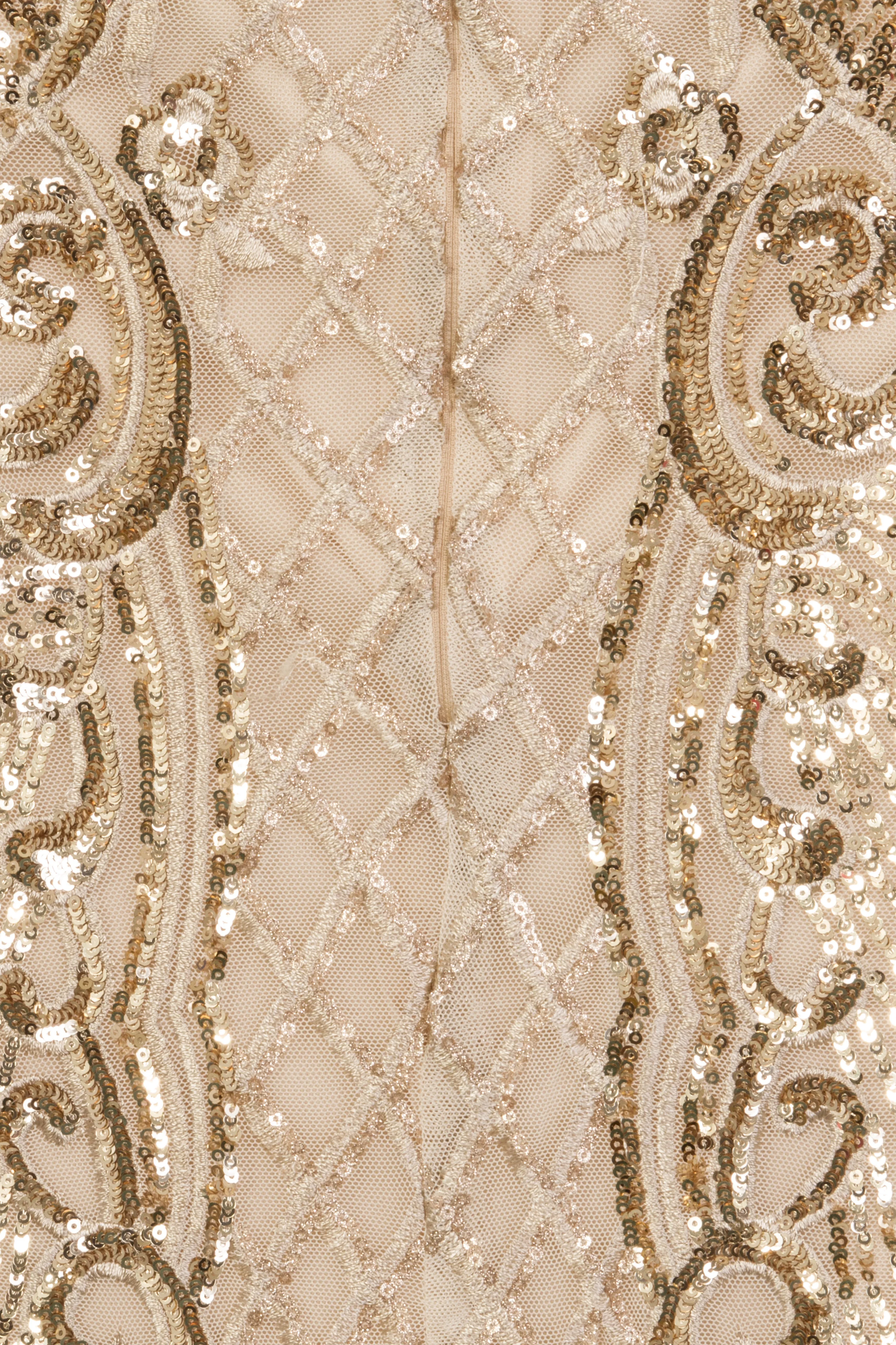Royalty Vip Nude Gold Sequin & Embroidery Bardot Fishtail Mermaid Dress