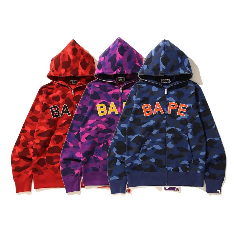 Shark Print Hoodie Men'S Sports Camouflage Embroidered Letter Hooded Sweater Coat