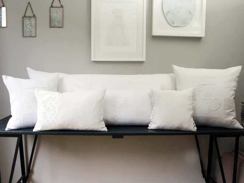 Small Bolster - Antique French White Embroidered Scalloped Tulle on Linen Cushion