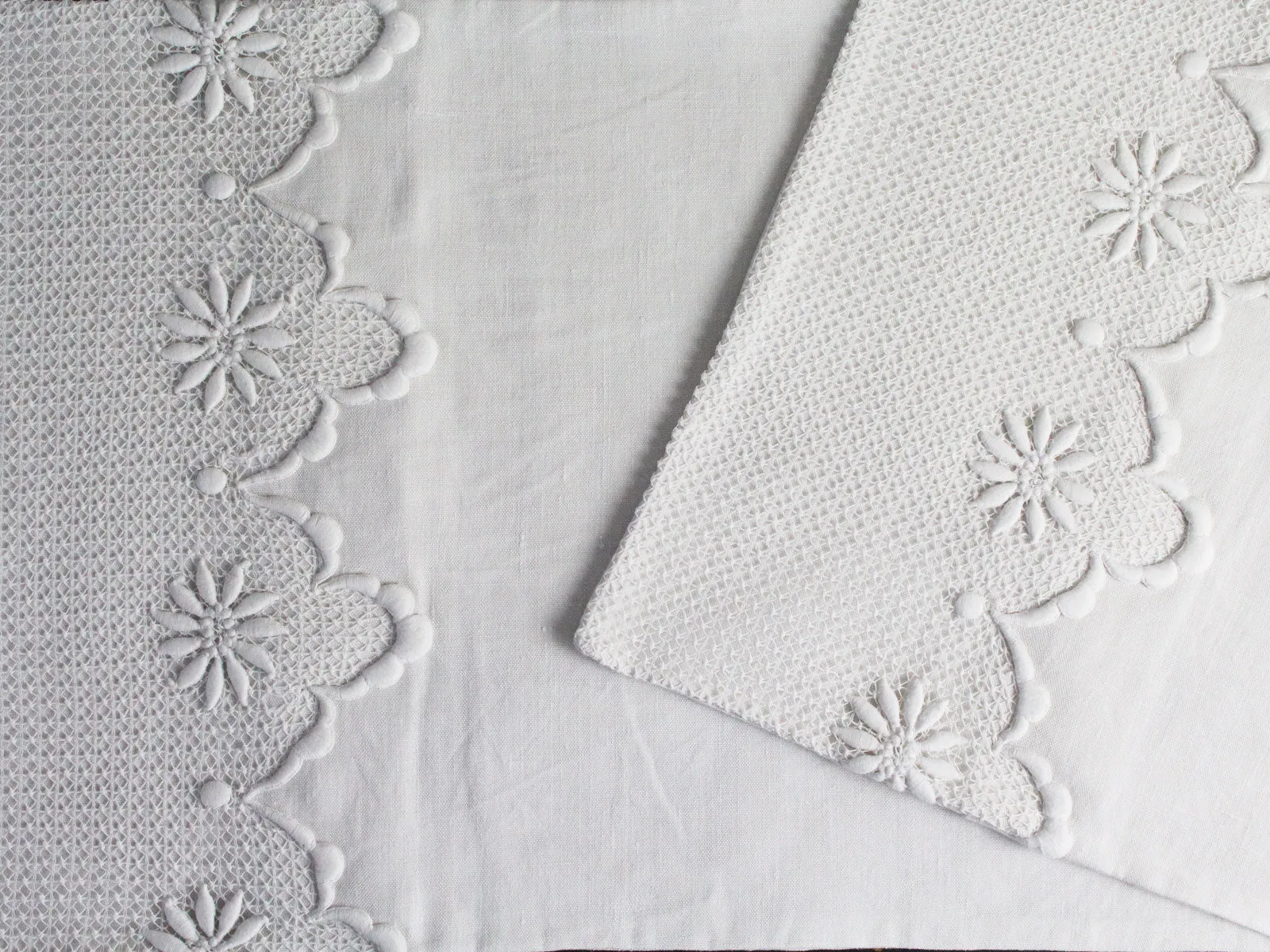 Small Bolster - Antique French White Embroidered Scalloped Tulle on Linen Cushion