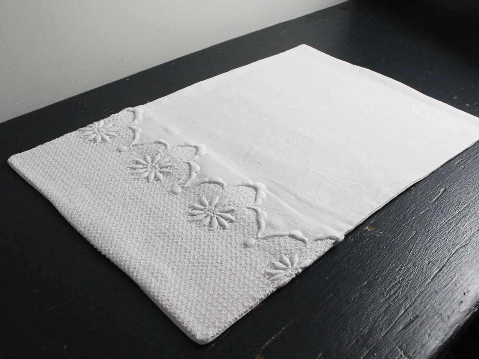 Small Bolster - Antique French White Embroidered Scalloped Tulle on Linen Cushion