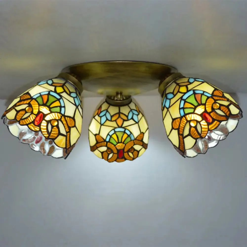 Tiffany Stained Glass Ceiling Light Fixture - Small Flush Mount for Hallway with 3 Heads