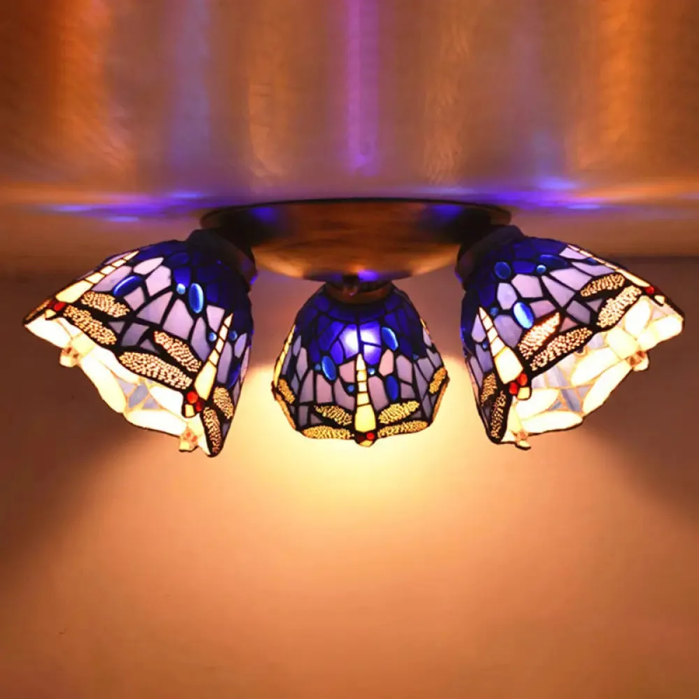 Tiffany Stained Glass Ceiling Light Fixture - Small Flush Mount for Hallway with 3 Heads